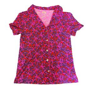 Lilly Pulitzer NWT PJ Knit SS Button-Up - Passion Fruit Pink Star Searching - Si